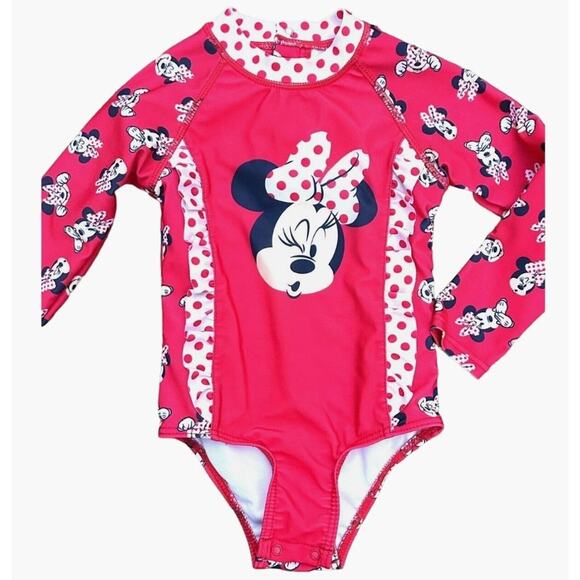Disney Minnie Mouse Long Sleeve Pink Bathing Suit Wink Ruffles Bow Toddler 3T La - Picture 1 of 4